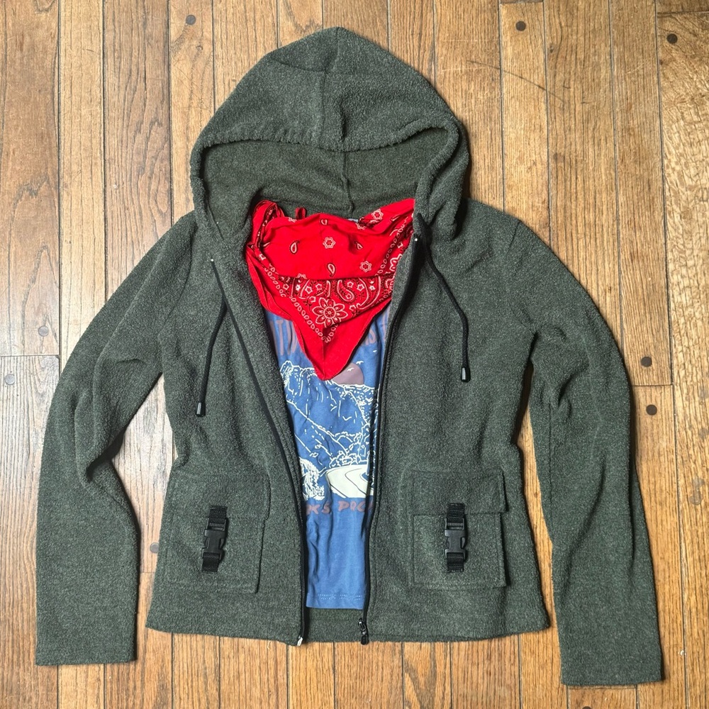 Y2K Hooded Fleece Jacket with Cargo Pockets Sz Medium